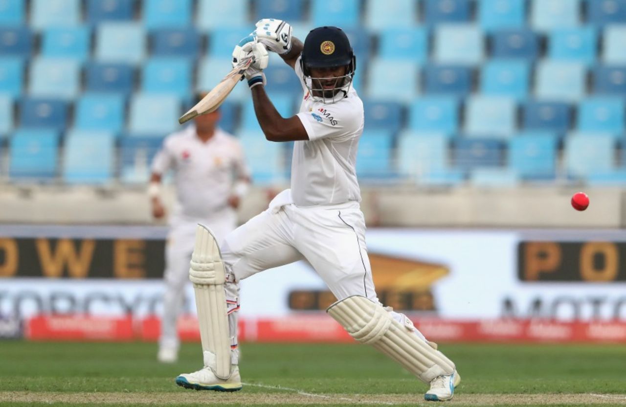 Dimuth Karunaratne taps one towards point, Pakistan v Sri Lanka, 2nd Test, Dubai, 1st day, October 6, 2017