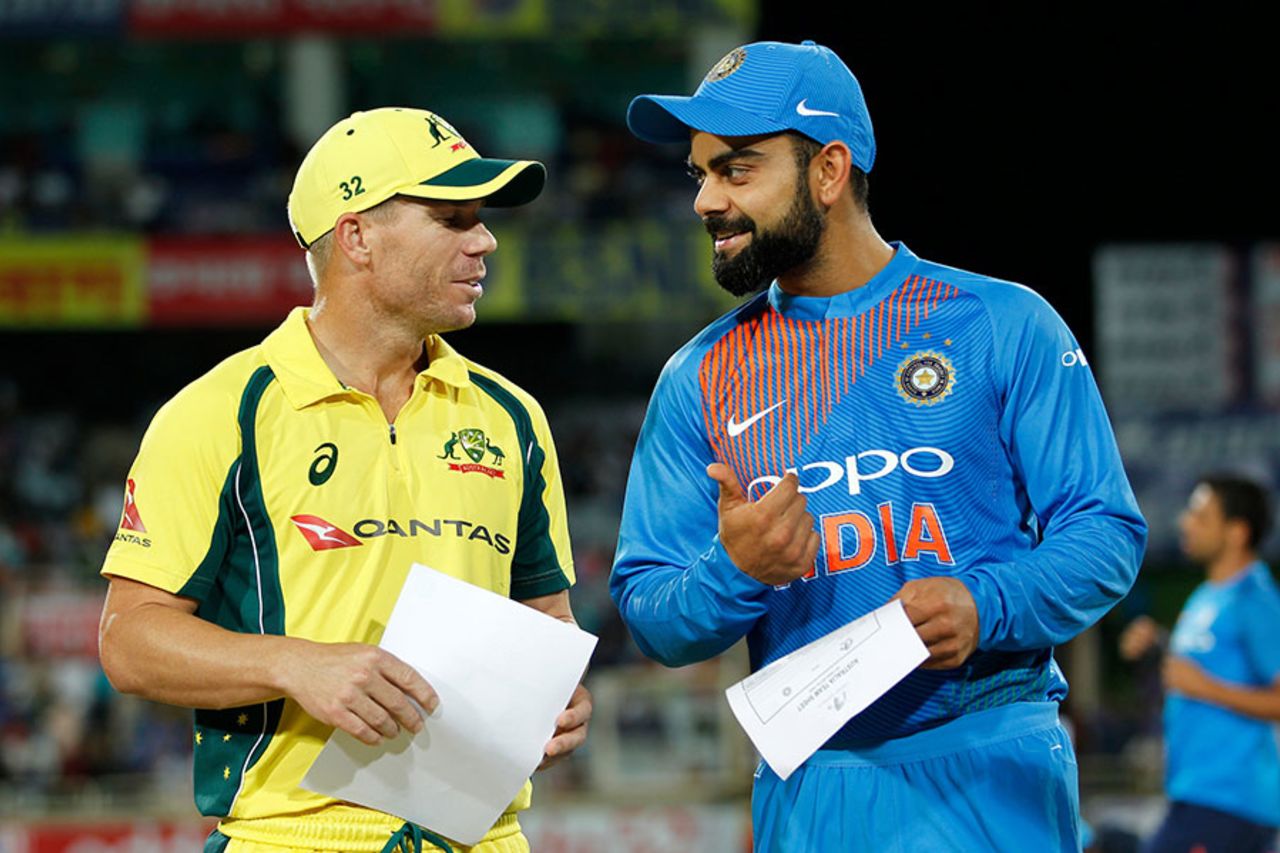 Virat Kohli chats with Australia's stand-in captain David Warner, India v Australia, 1st T20, Ranchi, October 7, 2017