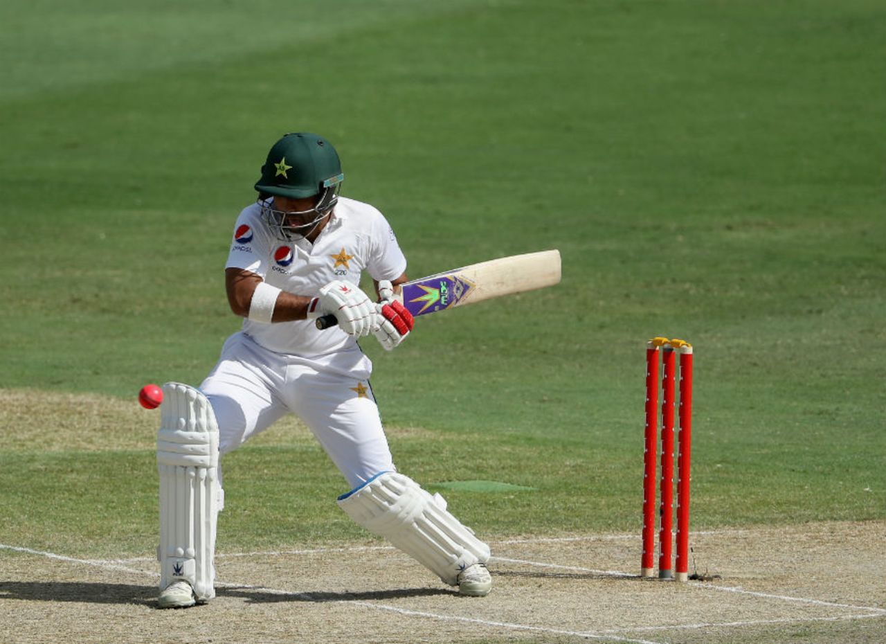 Sami Aslam misreads the line of an incoming delivery, Pakistan v Sri Lanka, 2nd Test, Dubai, 3rd day, October 8, 2017