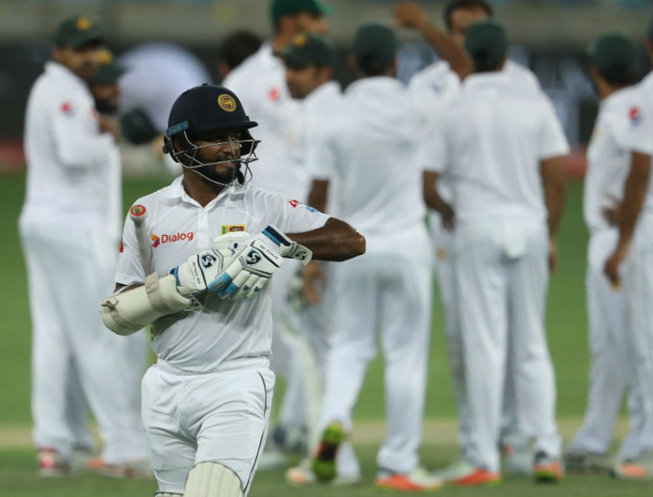 Dimuth Karunaratne was out to Wahab Riaz for the second time in the match, Pakistan v Sri Lanka, 2nd Test, Dubai, 3rd day, October 8, 2017