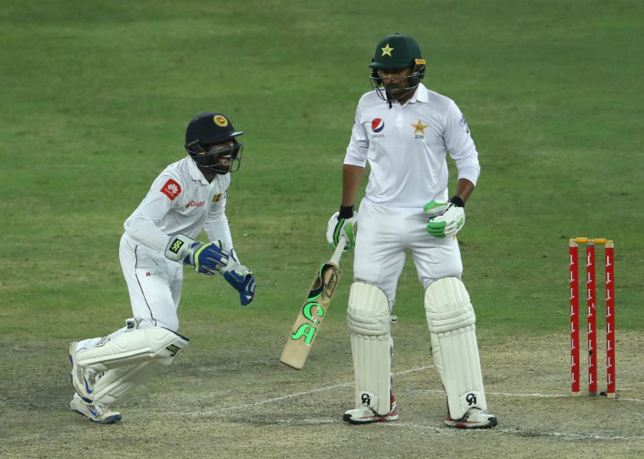 Niroshan Dickwella jumps in joy after pouching Haris Sohail, Pakistan v Sri Lanka, 2nd Test, Dubai, 4th day, October 9, 2017