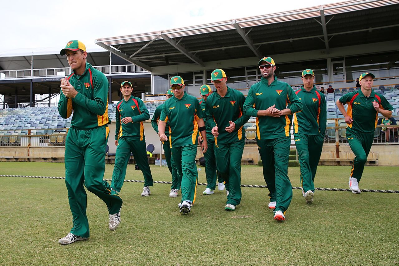 Tasmania captain George Bailey leads his players onto the field, JLT One-Day Cup, Perth, October 4, 2017