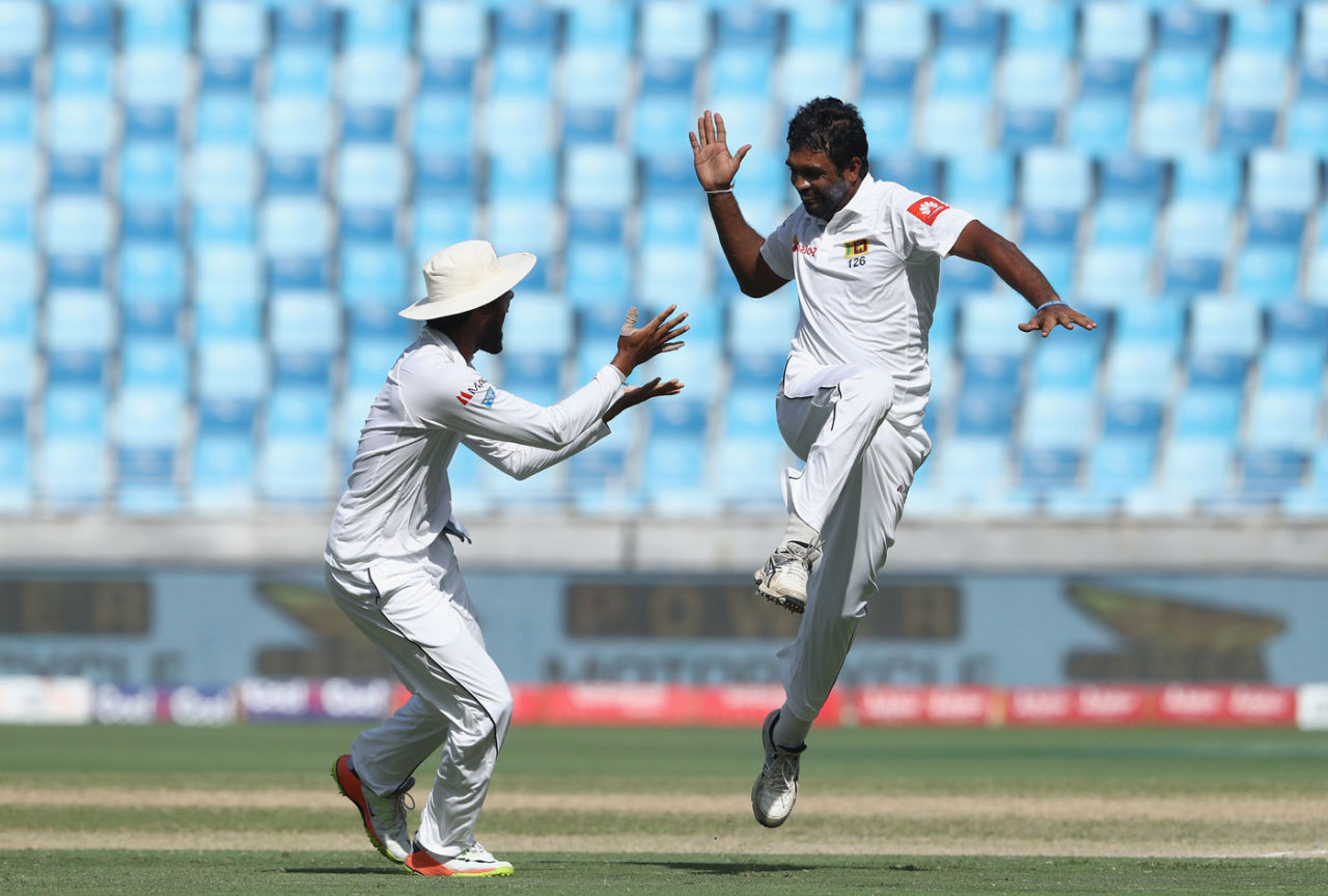 Dilruwan Perera takes off in celebration after taking a wicket, Pakistan v Sri Lanka, 2nd Test, Dubai, 5th day, October 10, 2017