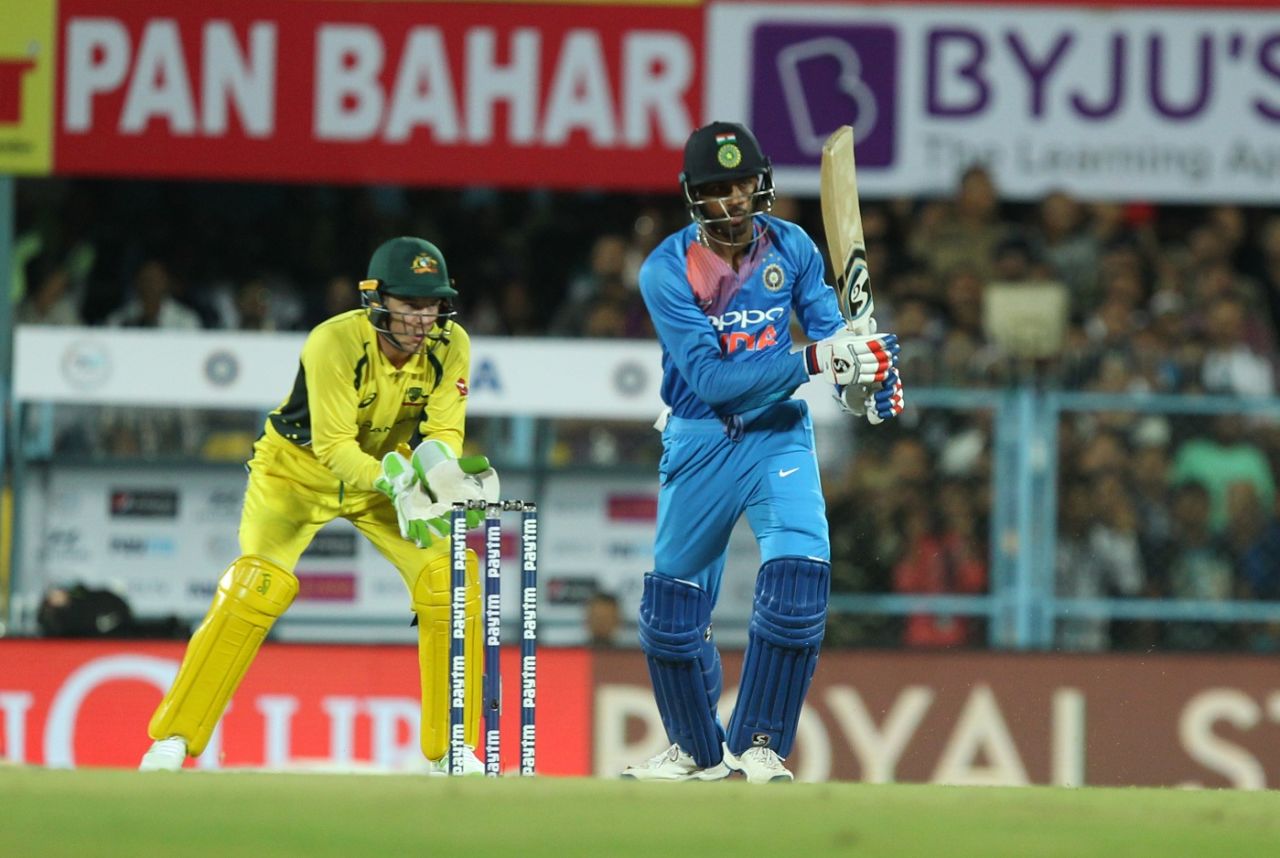 Hardik Pandya nudges the ball down the ground, India v Australia, 2nd T20I, Guwahati, October 10, 2017