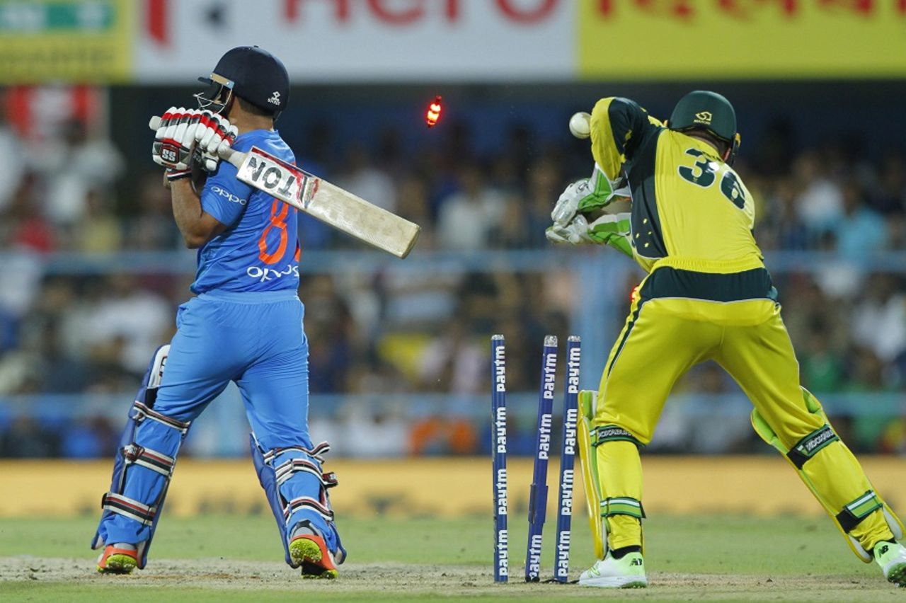 Kedar Jadhav is bowled by Adam Zampa, India v Australia, 2nd T20I, Guwahati, October 10, 2017