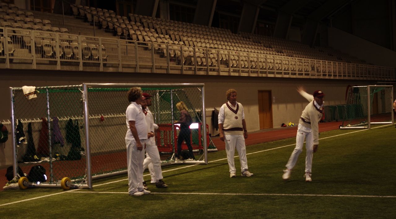 John Sutton, Nicholas Hogg, Charlie Campbell and Sebastian Faulks of the Authors XI warm up before an indoor game in Iceland