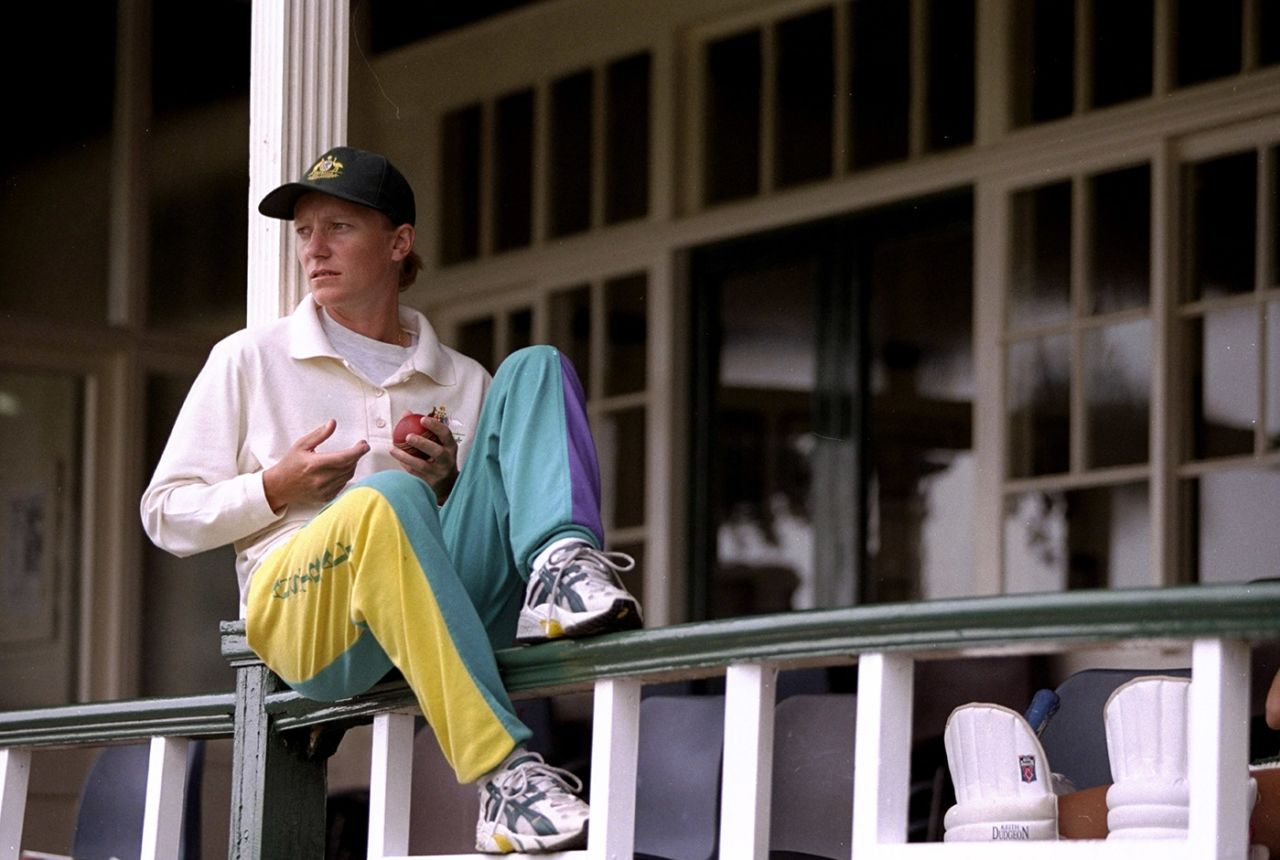 Cathryn Fitzpatrick sits on the balcony rail, England v Australia, second Test, day four, Harrogate, August 14, 1998