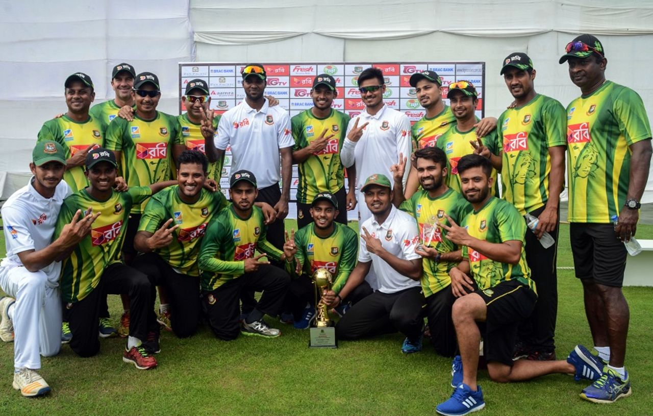 Bangladesh A celebrate their win with the trophy, Bangladesh A v Ireland A, only unofficial Test, Sylhet, 4th day, October 14, 2017
