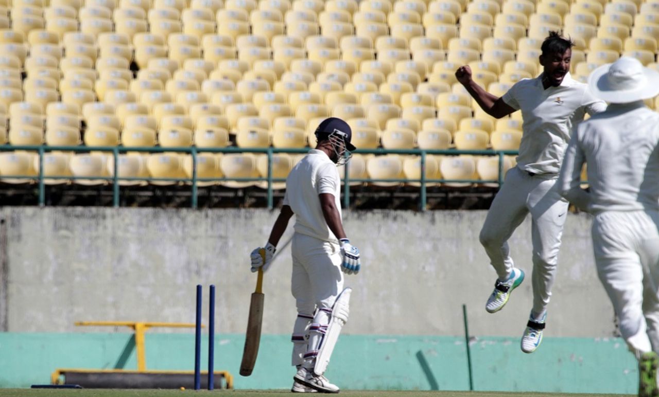 Pankaj Jaiswal is ecstatic after picking up one of his four wickets, Himachal Pradesh v Goa, Ranji Trophy 2017-18, Group D, Dharamsala, 1st day, October 14, 2017
