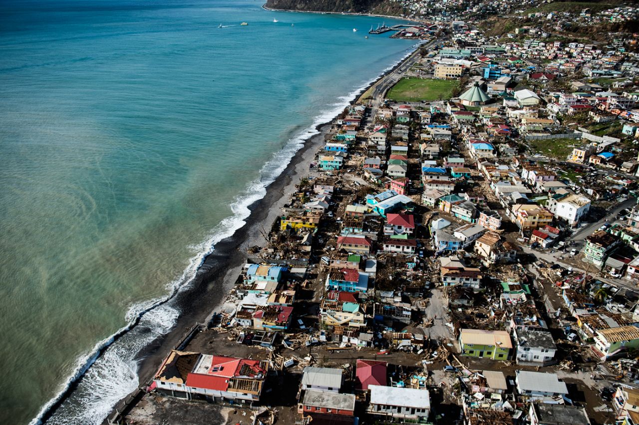 An aerial view of Roseau, Dominica, three days after being hit by Hurricane Maria
