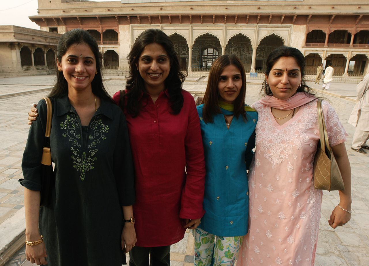 The wives of VVS Laxman, Rahul Dravid, Ajit Agarkar and Murali Kartik pose for photos at the Lahore Fort, April 3, 2004