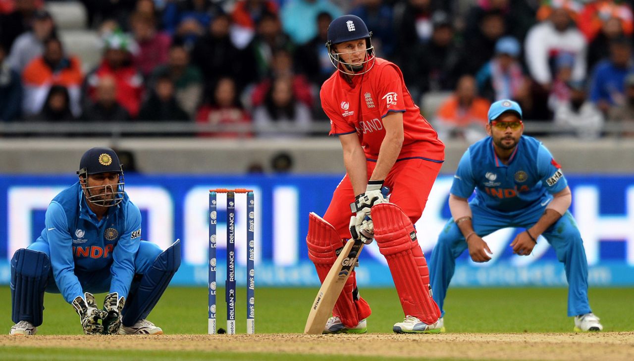 Joe Root bats as Virat Kohli and MS Dhoni look on, England v India, Champions Trophy final, Edgbaston, June 23, 2013