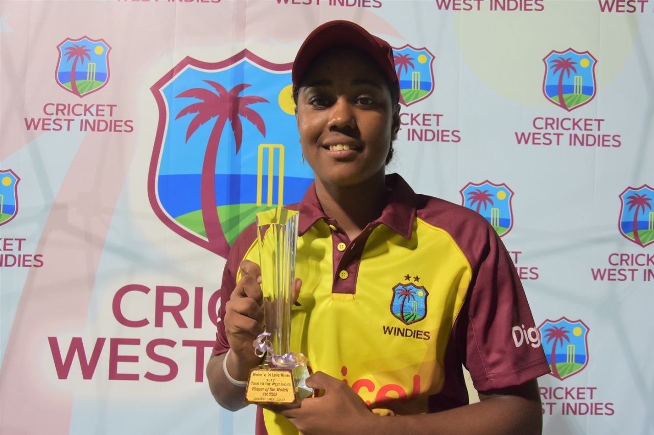 Hayley Matthews poses with the Player-of-the-Match trophy, West Indies Women v Sri Lanka Women, 1st T20I, Antigua, October 19, 2017