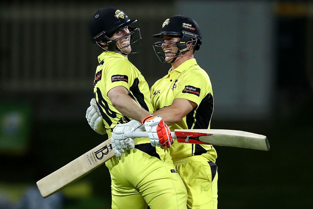 Mitchell Marsh and Hilton Cartwright celebrate after scoring the winning runs, Western Australia v South Australia, JLT One-Day Cup, final, Hobart, October 21, 2017 