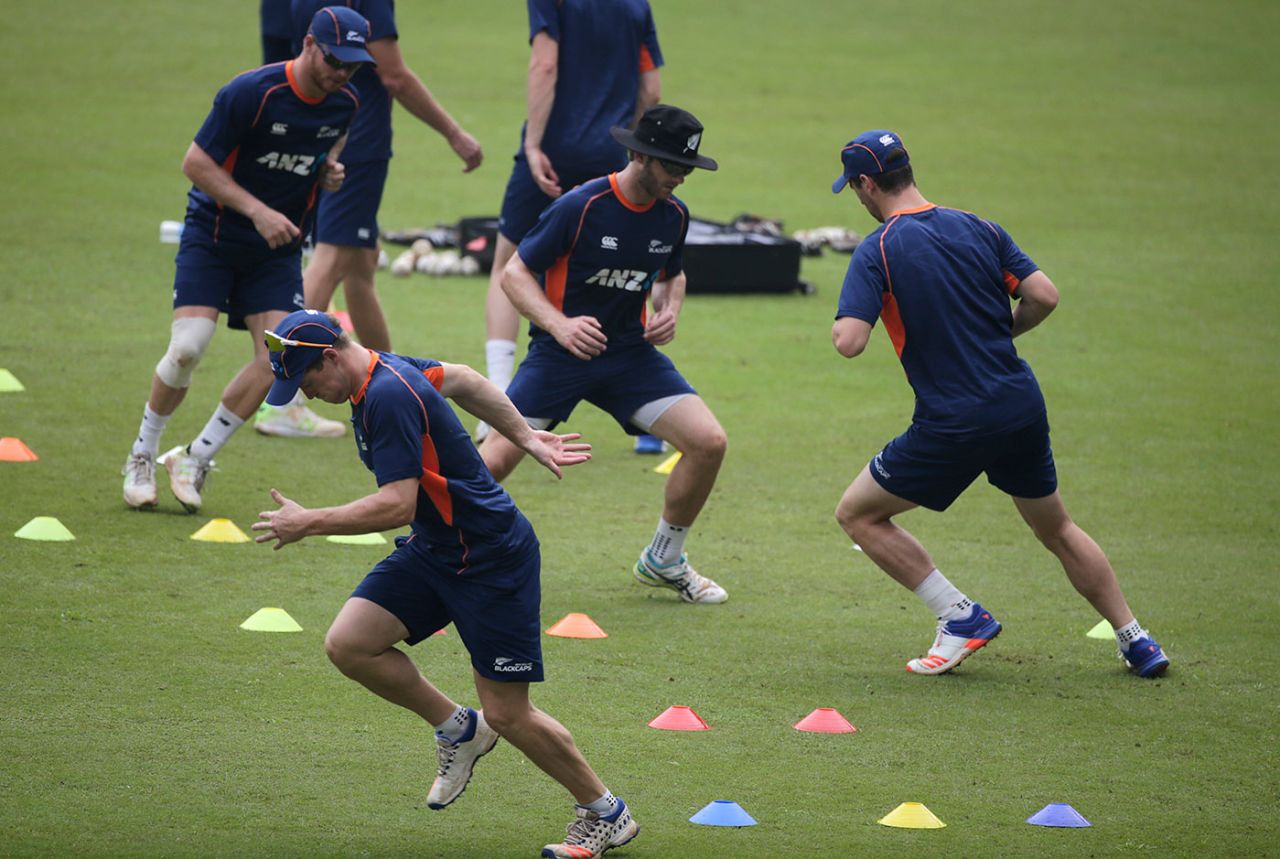 New Zealand cricketers warm up during a practice session, Mumbai, October 21, 2017