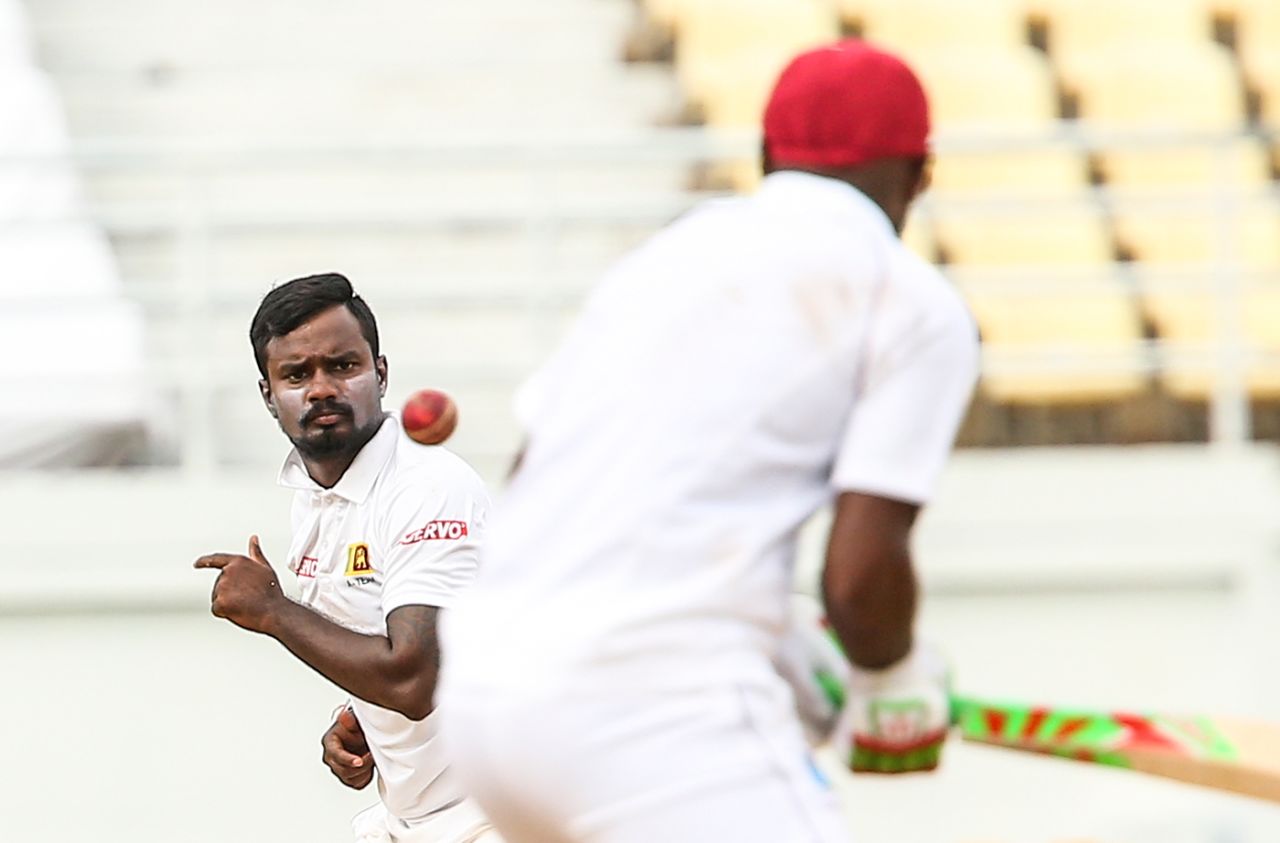 Malinda Pushpakumara bowls to Sunil Ambris, West Indies A v Sri Lanka A, 2nd unofficial Test, 3rd day, Jamaica, October 21, 2017