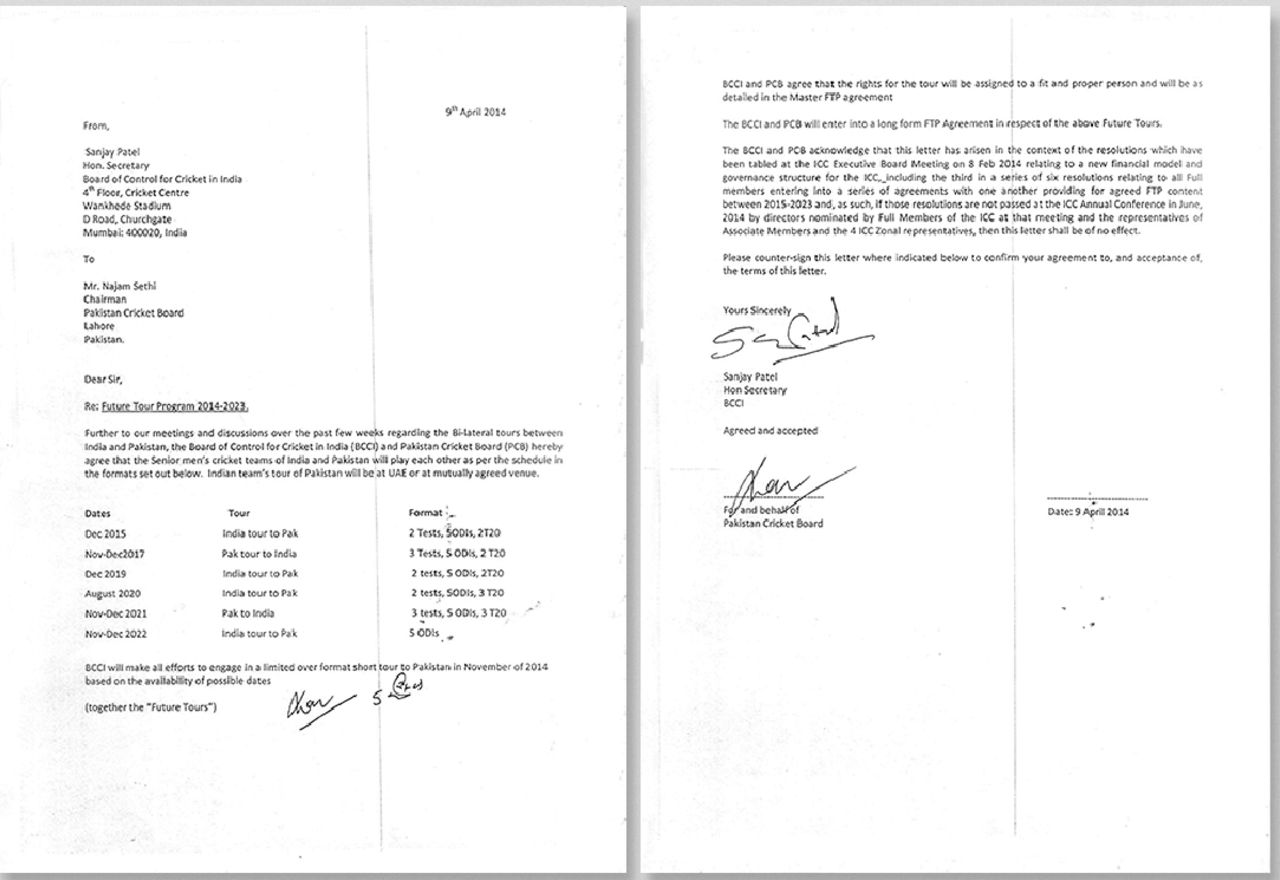 The contentious agreement/letter of intent from former BCCI secretary Sanjay Patel to former PCB chairman Najam Sethi