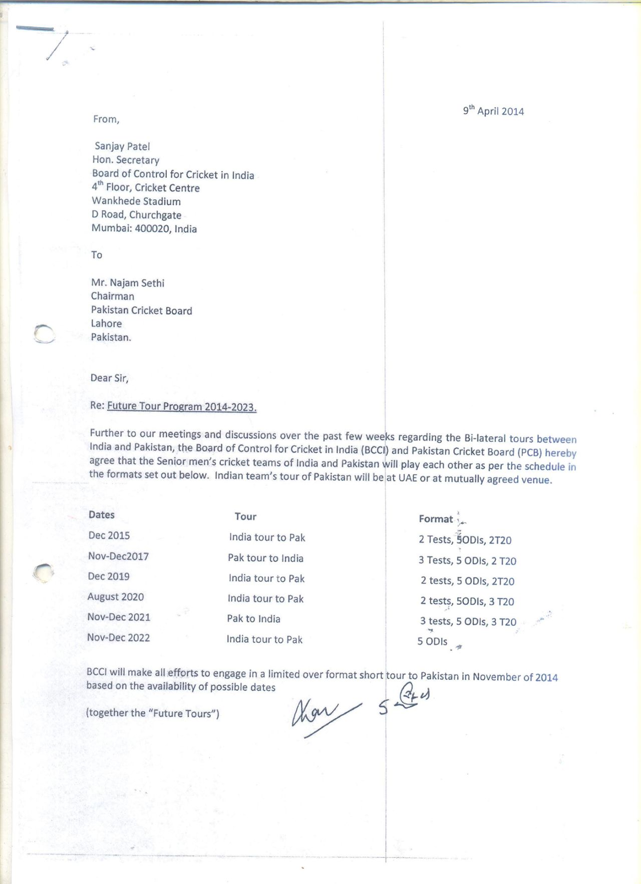 A page from a letter from former BCCI secretary Sanjay Patel to Najam Sethi on the bilateral series between India and Pakistan