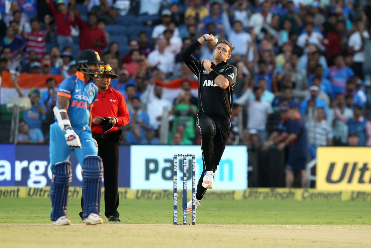 Tim Southee jumps into his delivery stride, India v New Zealand, 2nd ODI, Pune, 25 October, 2017