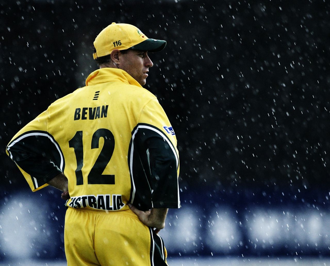 Michael Bevan stands in the rain, West Indies v Australia, 1st ODI, Kingston, May 17, 2003