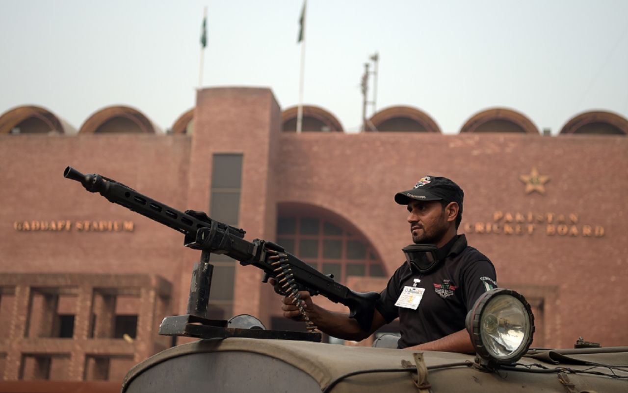 A policeman guards the Gaddafi Stadium, Lahore, October 28, 2017