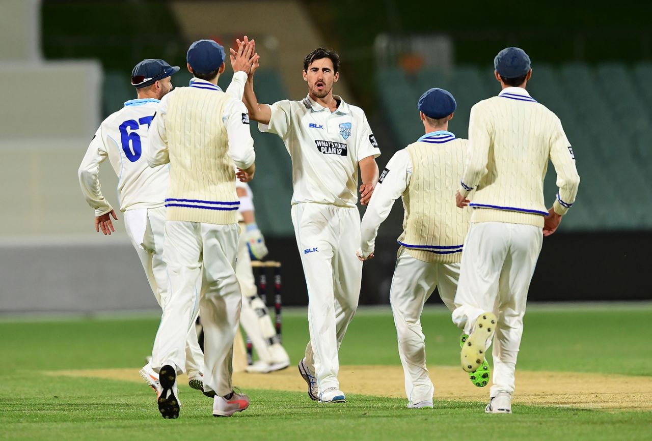 Mitchell Starc celebrates after bagging a three-for, South Australia v New South Wales, Day 2, Sheffield Shield, Adelaide, October 28, 2017