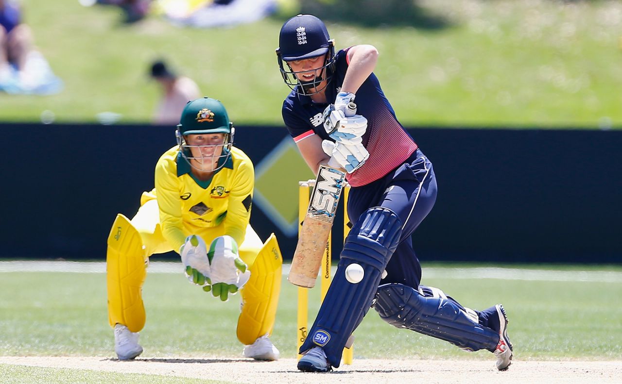 Heather Knight looks to get behind a delivery, Australia v England, Women's Ashes 2017-18, 3rd ODI, Coffs Harbour, October 29, 2017 
