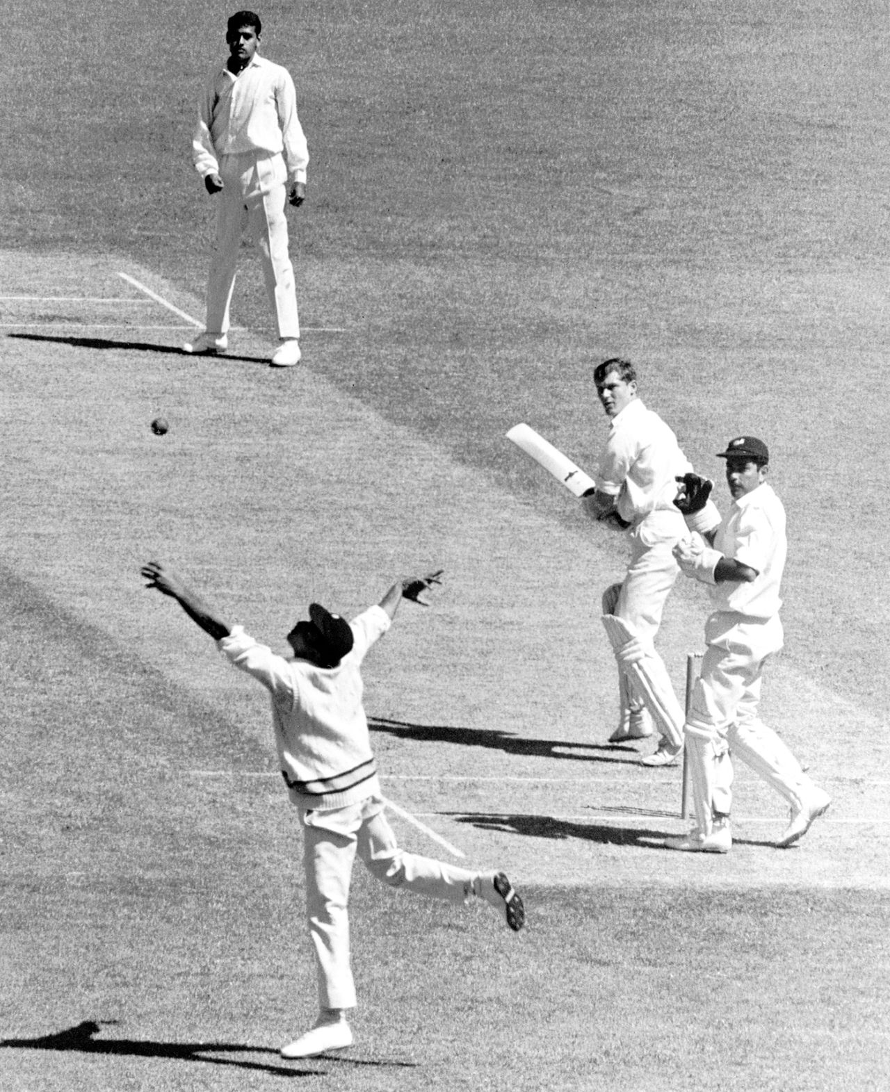 Bob Cowper edges a ball from Bhagwath Chandrasekhar over Chandu Borde's head, Victoria v Indians, 1st day, Melbourne, December 8, 1967