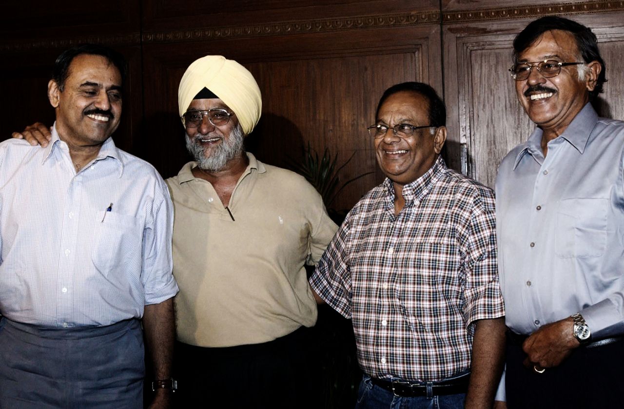 Bhagwath Chandrasekhar, Bishan Bedi, Erapalli Prasanna and Srinivas Venkataraghavan pose during a spinners' meet in Kolkata, May 30, 2003