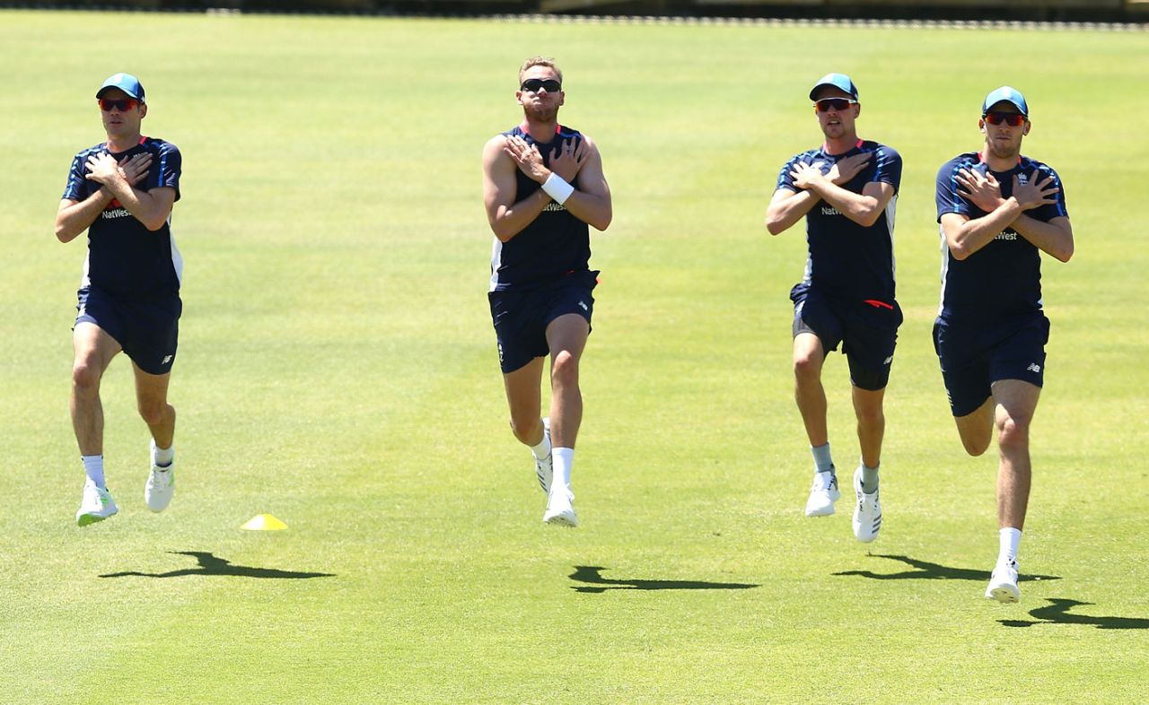 Up and running: James Anderson, Stuart Broad, Jake Ball and Craig Overton stretch their legs, Perth, October 31, 2017