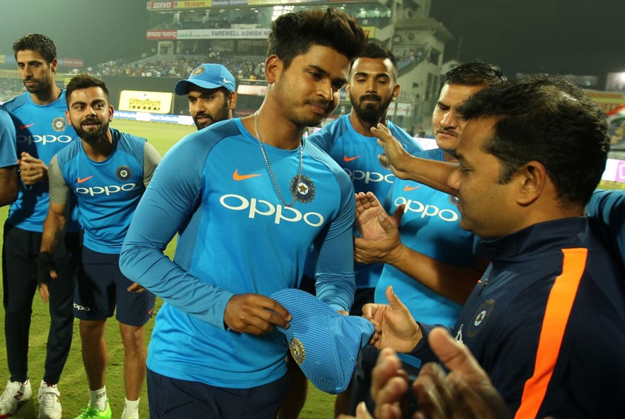 Shreyas Iyer receives his maiden international cap, India v New Zealand, 1st T20I, Delhi, November 1, 2017