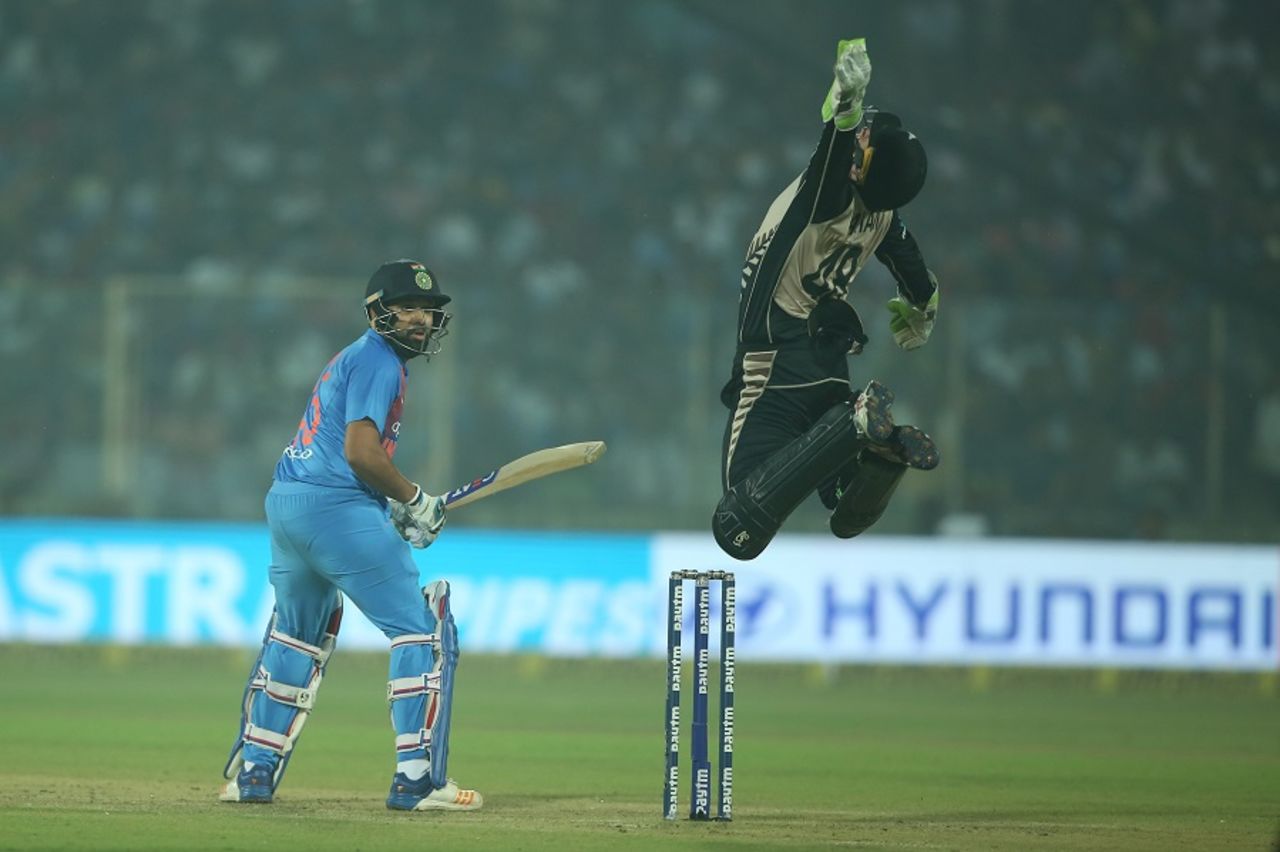 Tom Latham leaps for the skies in trying to take a catch, India v New Zealand, 1st T20I, Delhi, November 1, 2017