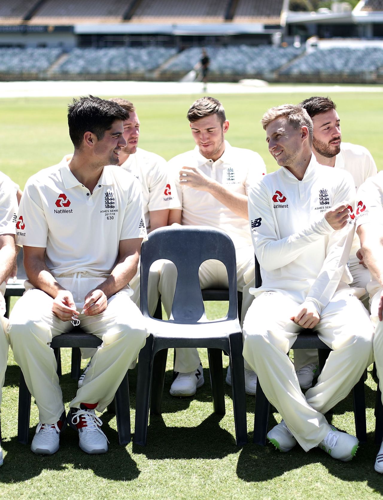 Alastair Cook and Joe Root share a word during England's photo shoot, Perth, November 1, 2017