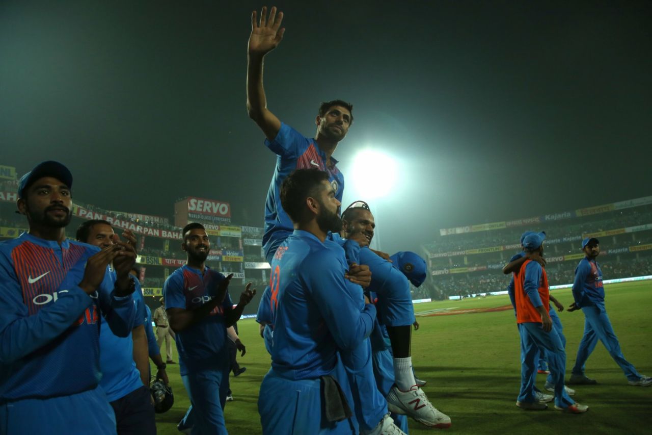 Ashish Nehra is hoisted after his final international game, India v New Zealand, 1st T20I, Delhi, November 1, 2017