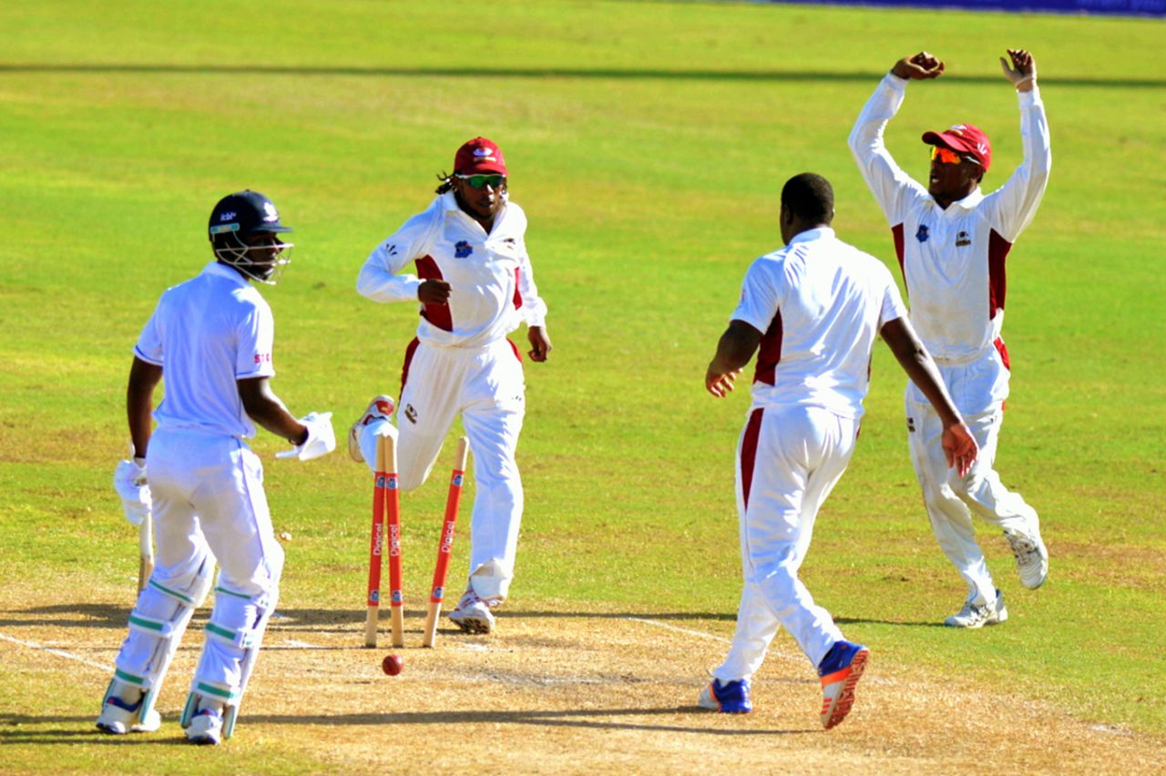 Leeward Islands' players celebrate as Sheyne Moseley is run out, Barbados v Leeward Islands, Regional Four-Day Tournament, Bridgetown, 2nd day, November 2, 2017