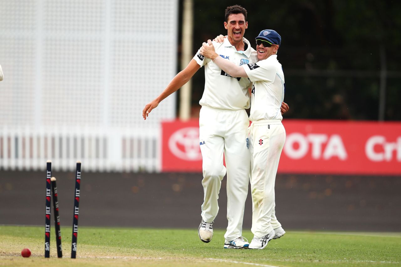 Mitchell Starc celebrates after yorking Simon Mackin en route to completing his hat-trick, South Australia v New South Wales, Day 3, Sheffield Shield, Sydney, November 6, 2017