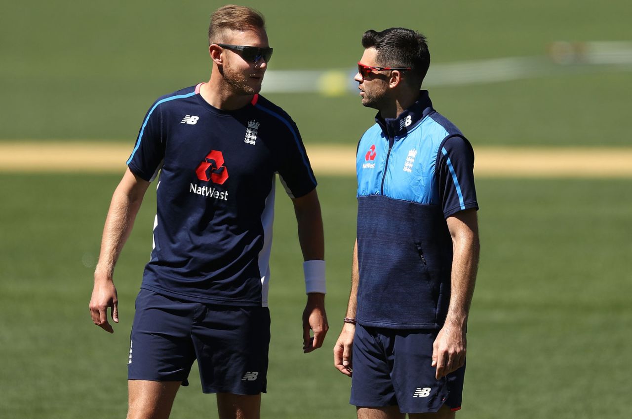 Stuart Broad and James Anderson prepare for England's pink-ball training session, Adelaide, November 7, 2017