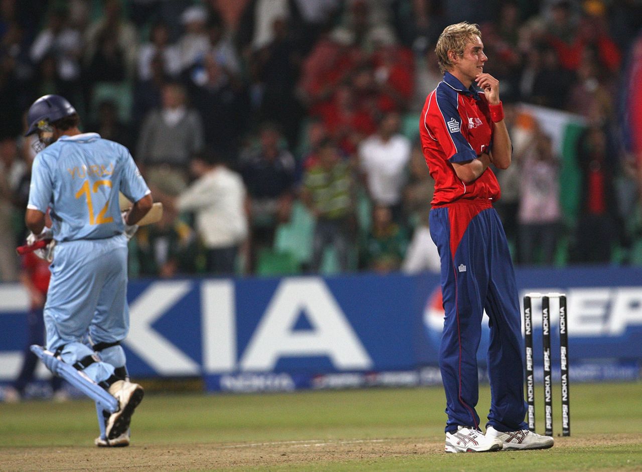 Stuart Broad after being hit for a six by Yuvraj Singh, England v India, Group E, ICC World T20, Durban, September 19, 2007