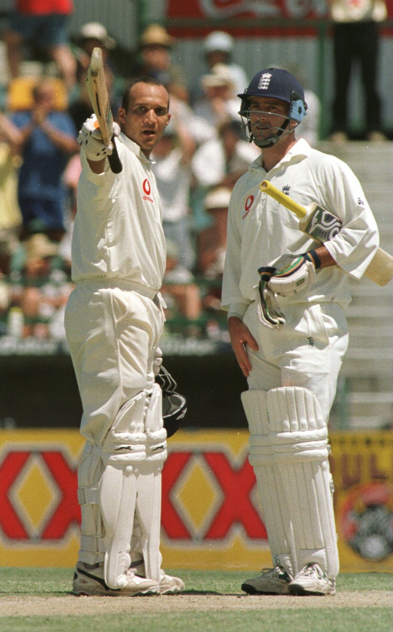 Mark Butcher celebrates his hundred at Brisbane in the 1998-99 Ashes