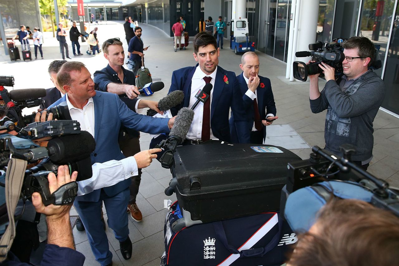 Alastair Cook faces the media as England arrive for the Ashes, Perth, October 29, 2017
