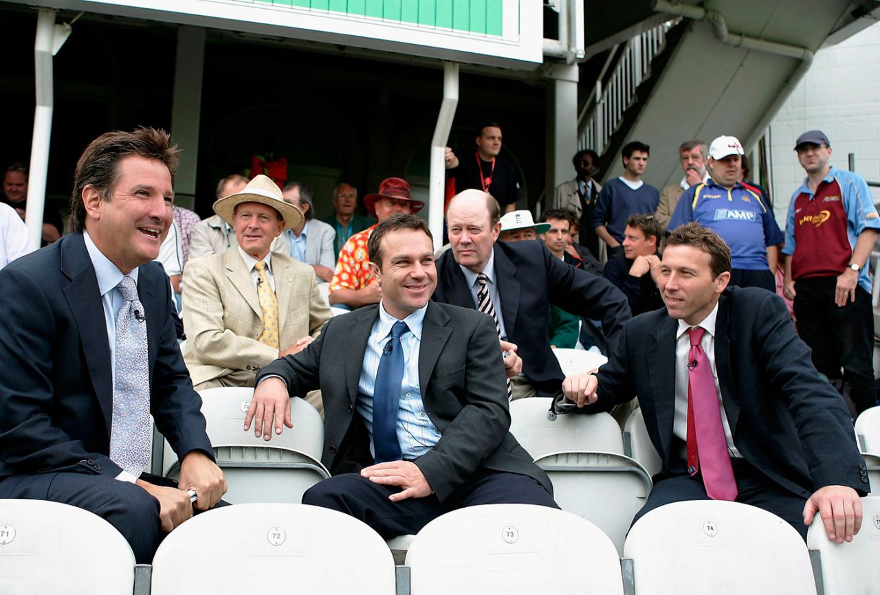 Mark Nicholas, Geoff Boycott, Michael Slater, Tony Greig and Michael Atherton (from left, first two rows) of the Channel 4 commentary team, England v Australia, fifth Test, day five, The Oval, September 12, 2005