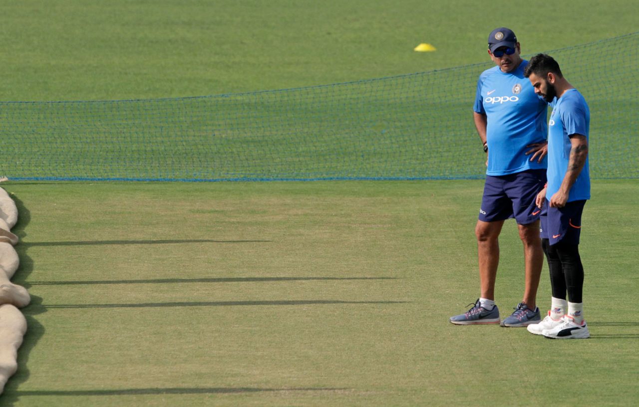 Virat Kohli and Ravi Shastri inspect the pitch, India v Sri Lanka, Kolkata, 14 November, 2017