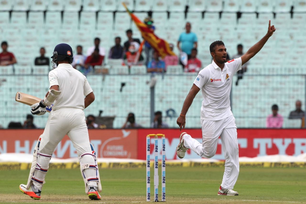 Dasun Shanaka had Ajinkya Rahane early on the second morning, India v Sri Lanka, 1st Test, 2nd day, Kolkata, November 17, 2017