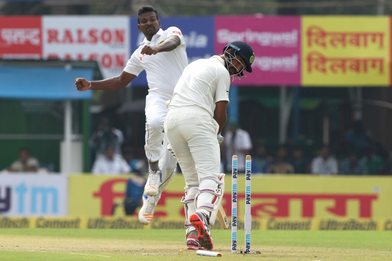 Lahiru Gamage breached Cheteshwar Pujara's defense, India v Sri Lanka, 1st Test, 3rd day, Kolkata, November 18, 2017