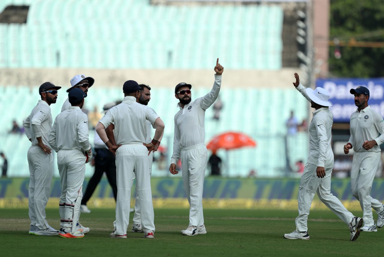 Virat Kohli celebrates the wicket of Niroshan Dickwella, India v Sri Lanka, 1st Test, 4th Day, Kolkata, 19 November, 2017