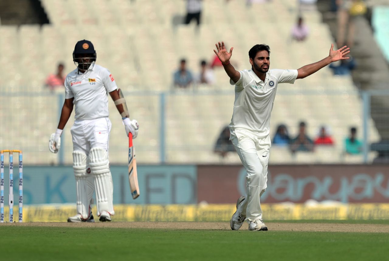 Bhuvneshwar Kumar appeals for the wicket of Dasun Shanaka, India v Sri Lanka, 1st Test, 4th Day, Kolkata, 19 November, 2017