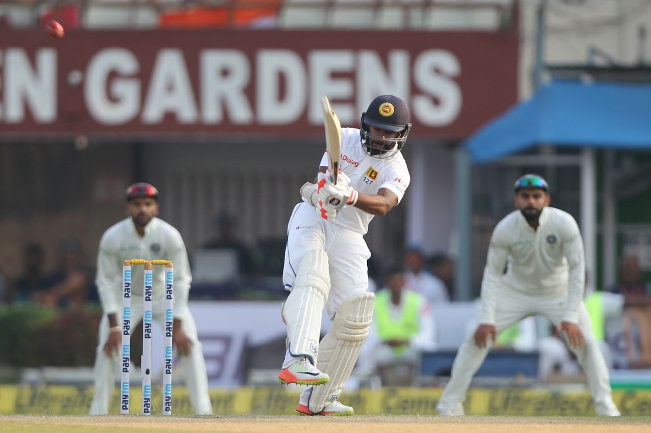 Niroshan Dickwella plays an outrageous scoop to a no-ball, India v Sri Lanka, 1st Test, Kolkata, 5th day, November 20, 2017