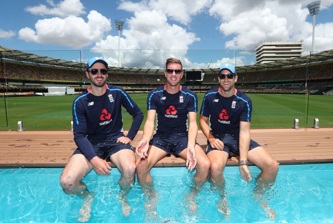 Ashes splashes: James Vince, Jake Ball and Dawid Malan check out the Gabba pool, Brisbane, November 20, 2017