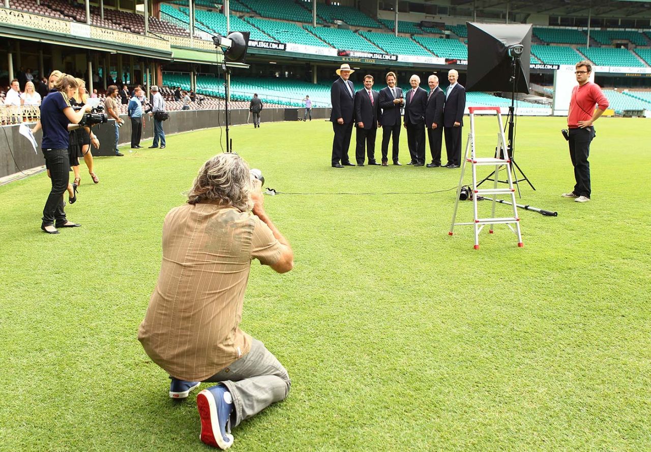 Channel Nine's commentary panel at a photo shoot ahead of the Ashes, Sydney, November 16, 2010. From left: Tony Greig, Mark Taylor, Mark Nicholas, Richie Benaud, Ian Chappell, Bill Lawry