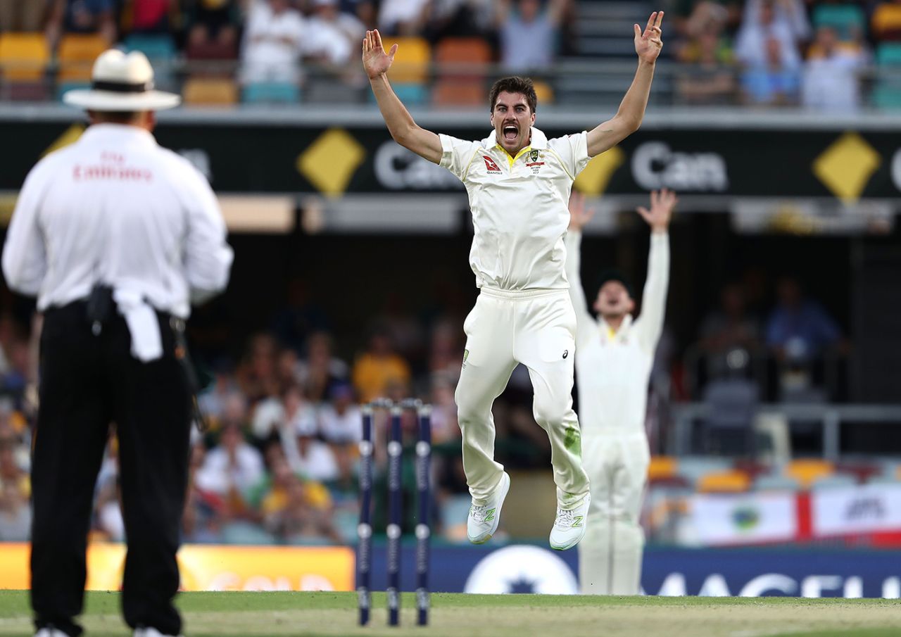 Pat Cummins roars in appeal for an lbw against Joe Root, Australia v England, 1st Test, The Ashes 2017-18, 1st day, Brisbane, November 23, 2017
